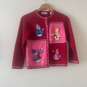 JUST FRIENDS RED EMBROIDERED 3D SNOWMAN CHRISTMAS CARDIGAN SWEATER